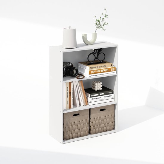 OUTONLIFE Modern Open 5-Laags Boekenkast Wit, Vrijstaand met Massief Houten Frame en Bovenrand, Veelzijdig Houten Staand Rek en Opbergkast voor Woonkamer, Slaapkamer en Kinderkamer