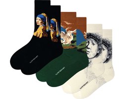 Kunst sokken - Nederlandse Meesters 3-pack: Rembrandt, Asselijn, Vermeer - Sokken Heren 41 46 - Sokken Dames 36 40 - Biologisch Katoenen Sokken - funny socks happy - Vrolijke Sokken - Grappige Sokken - Sokken Cadeau
