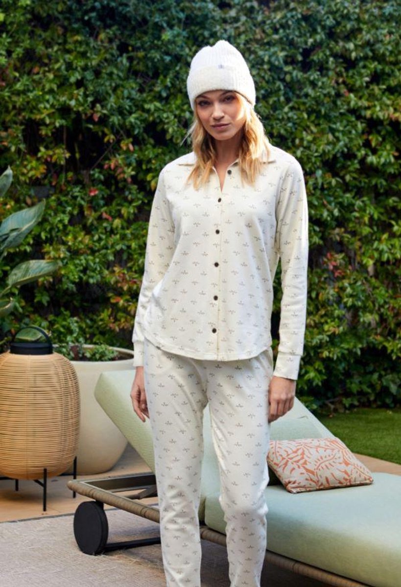 Barandi Dames Pyjama – Toscane – Doorknooppyjama in zacht katoen – Crème met subtiele print - XL