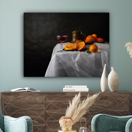 Tableau sur toile Nature Morte - Mandarines - Vin - 120x90 cm - Décoration murale