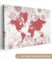 Carte du monde rose décorée d'illustrations de fleurs 120x80 cm