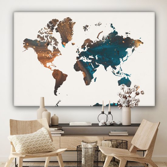 Wereldkaart en peinture bleu foncé et orange sur fond rose 180x120 cm