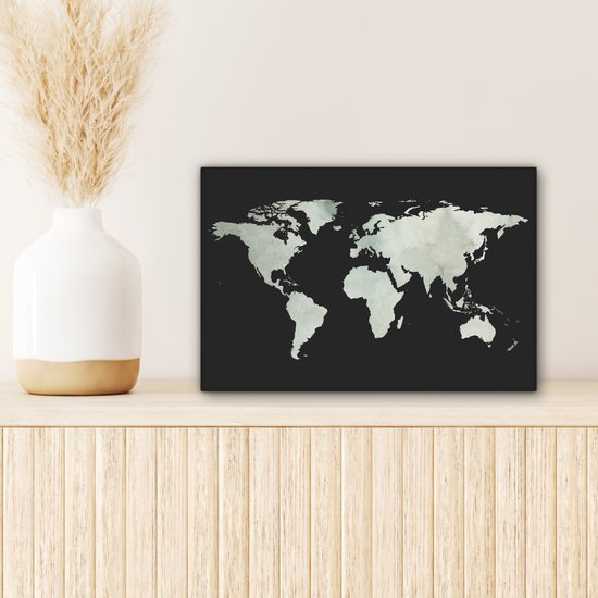 Wereldkaart aquarelle gris clair sur fond sombre 30x20 cm