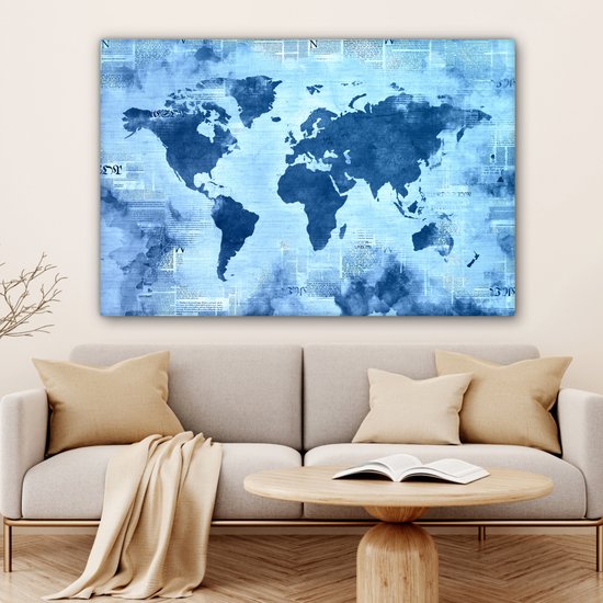 Wereldkaart avec peinture bleue sur fond avec journal 120x80 cm