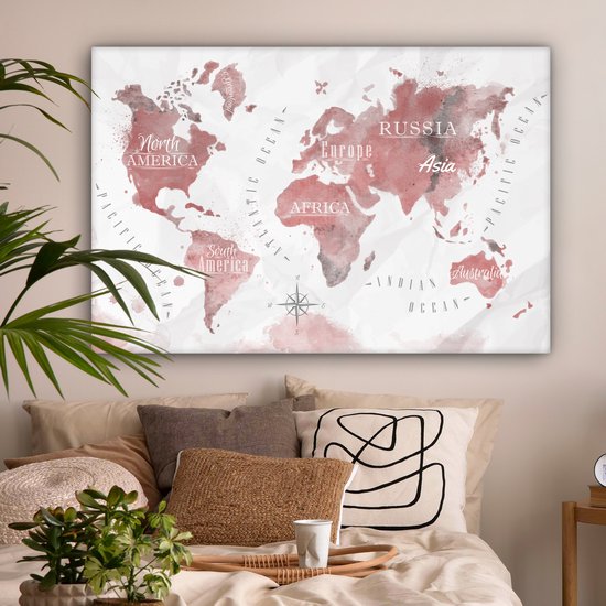 Peintures Toile Wereldkaart - Peinture - Rose - 120x80 cm - Décoration murale