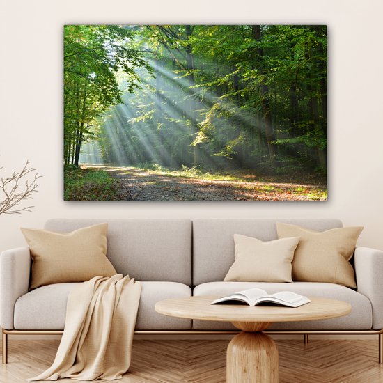Zonnestralen op een bosweg, hangend boven een bank met ronde salontafel.