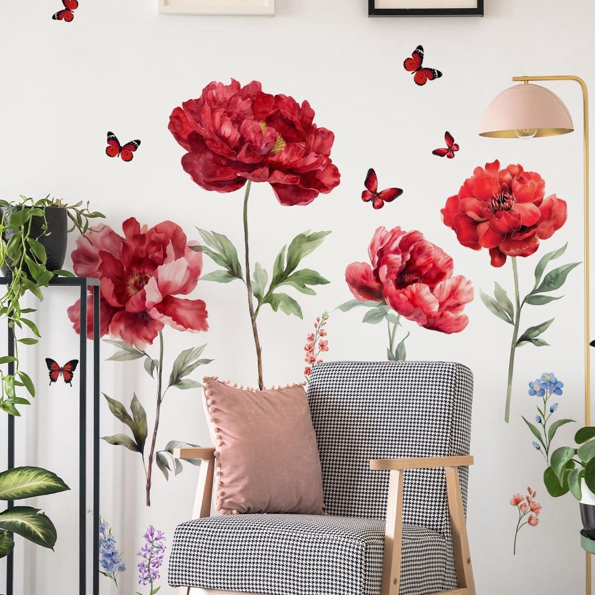 Cocoplus -Grote Rode Bloemen Muurstickers - Vlinder - Aquarel - Slaapkamer Woonkamer Kwekerij - Home Decor