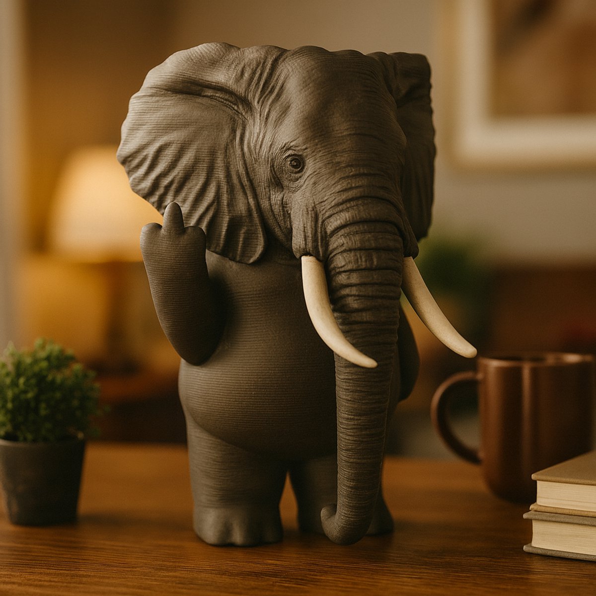 AnimalsAttitude – Grote Olifant Figurine met Middelvinger – 3D-geprint PLA Beeldje – Striking Display Decor