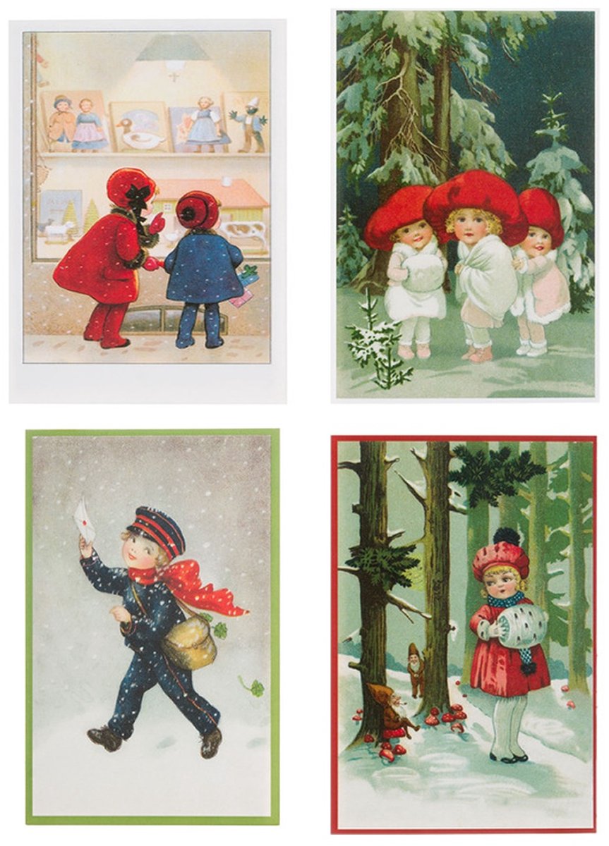 Nostalgische kerstkaarten - 4 stuks - Franz_Josef - Klassieke Vintage afbeeldingen - Winter - Sneeuw - Feestelijk - Jaarwisseling - Oude Brocante kerstkaarten 15X10,5 en 14X9