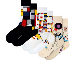 Kunst sokken - Abstract en Iconisch 3-pack: Kandinsky, Mondriaan - Sokken Heren 41 46 - Biologisch Katoenen Sokken - funny socks happy - Vrolijke Sokken - Grappige Sokken - Sokken Cadeau