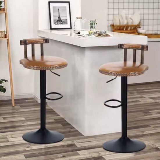 Kamyra® Industriële Lederen Barkruk - Barstoelen Met Rugleuning Verstelbare Zithoogte 60 82 Cm Bordeaux Rood 38 X 35 Cm
