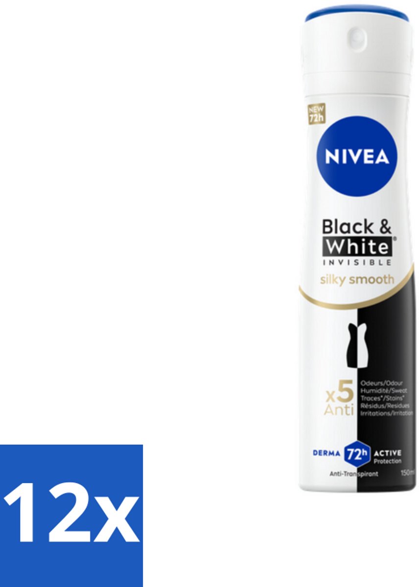 12 x NIVEA Deodorant Spray Black & White Silky Smooth 150 ml - Anti-vlekken - 72 Uur Bescherming - Deodorant Spray - Zwart-wit - Huidverzorging