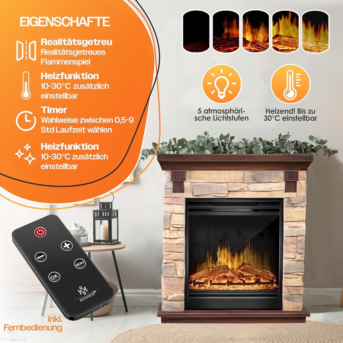Aurora Luxe Elektrische Sfeerhaard 1800W – Realistisch 3D Vlameffect met Verwarming, Timer & Thermostaat – Vrijstaande Elektrische Haard met LED Licht, Afstandsbediening & Oververhittingsbeveiliging – Beige Houtlook HomeByNicole