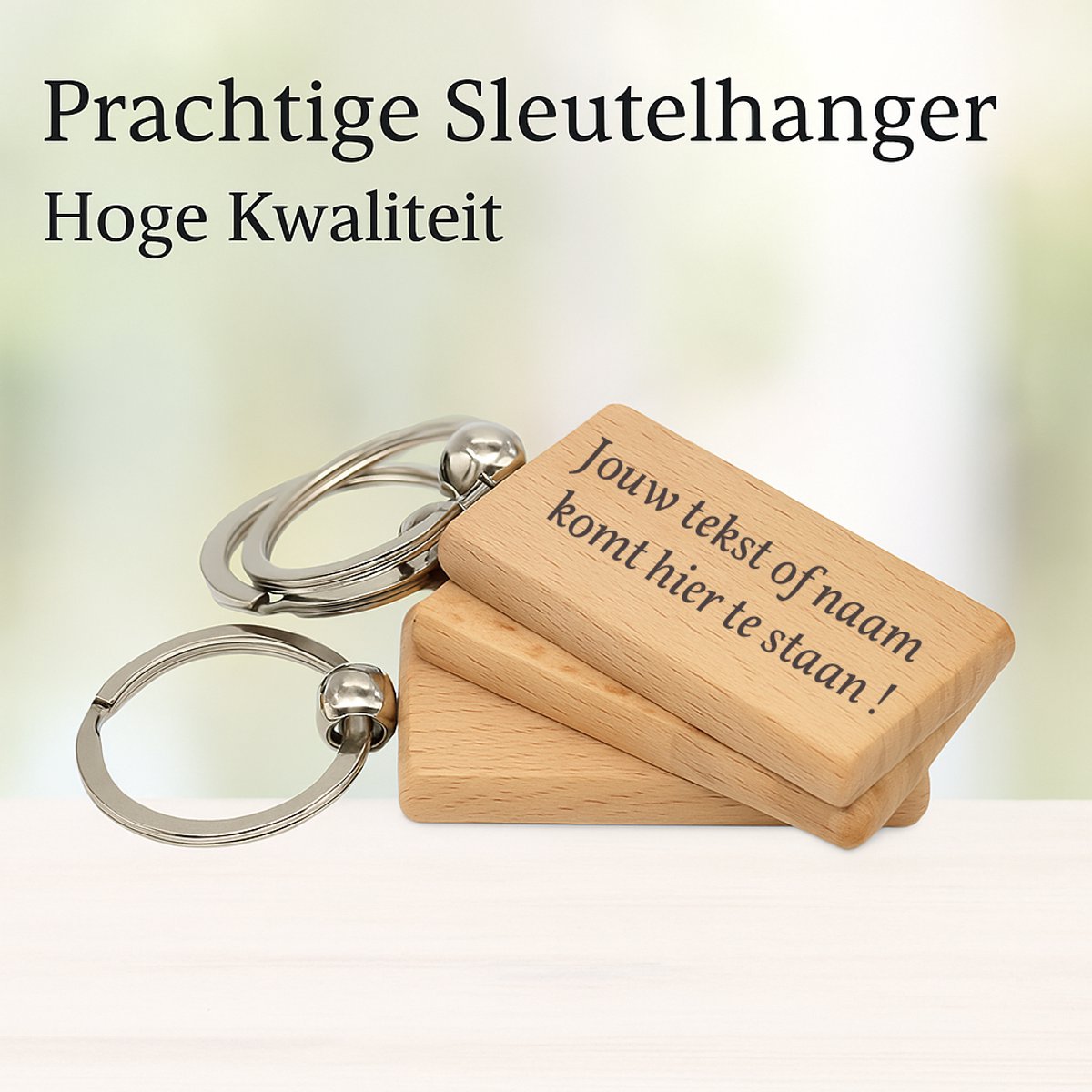 Houten sleutelhanger met naam - Stalen ring - Laser gegraveerd