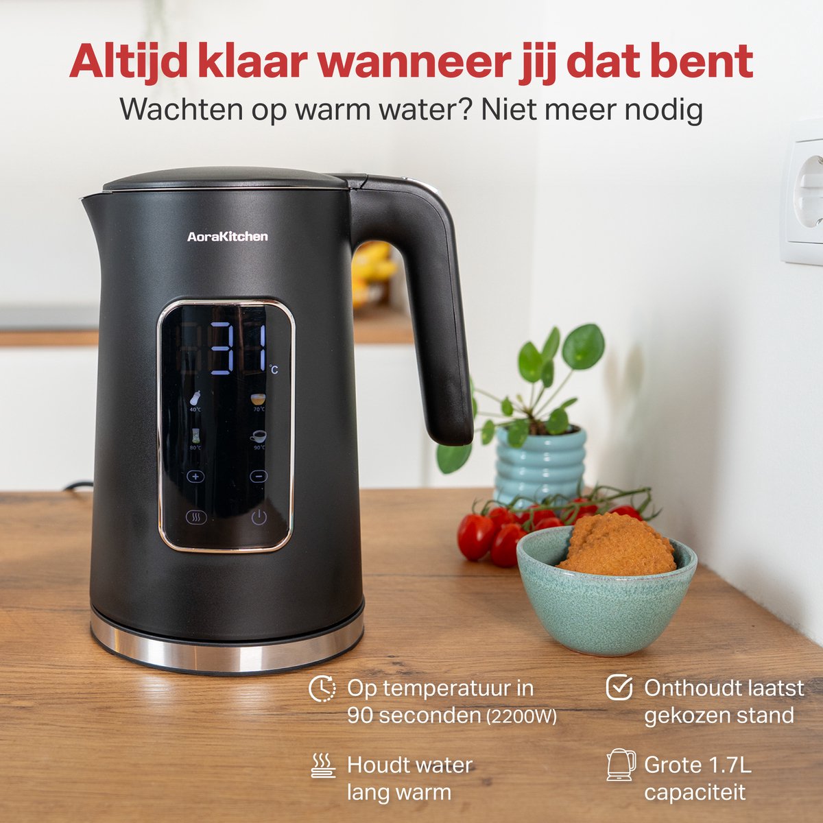 AoraKitchen Waterkoker - LED Touchscreen - Instelbare Temperatuurregeling - Waterkokers - 1.7L - Elektrisch - Cool Touch - Zwart — afbeelding 6