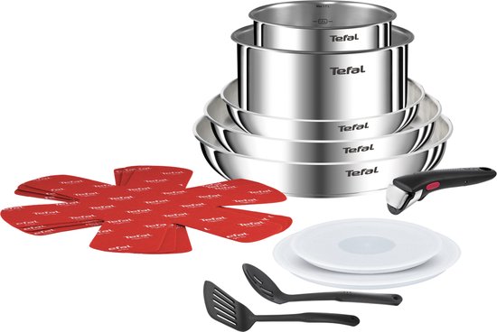 Set de casseroles Tefal Ingenio Emotion avec poignée amovible, 3 protège-casseroles rouges, 2 spatules et couvercles en plastique.