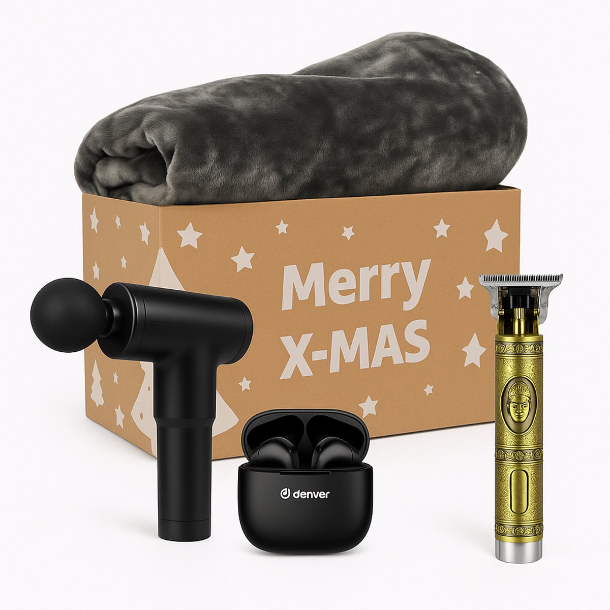 Cadeaupakket - Voor Mannen - Bluetooth Earphones Oordopjes - Goude Trimmer - 1 Persoons Luxe Deken - Massagegun - Kerst Pakket - Kerstpakket Non Food - Relatiegeschenk - Cadeaupakket