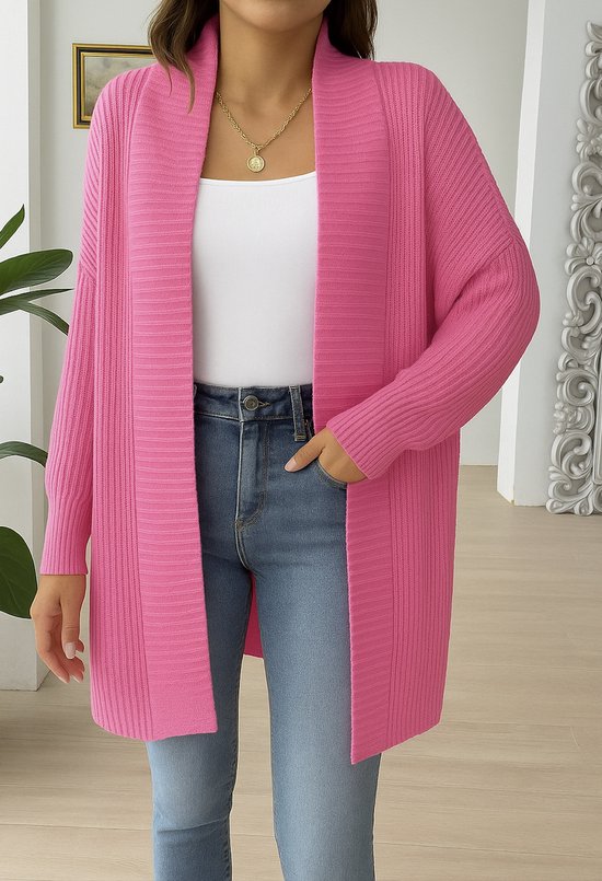 ASTRADAVI Dames Mode - Mooi ribgebreid vest - Warme en comfortabele lange cardigan - One Size - Roze Fuchsia
