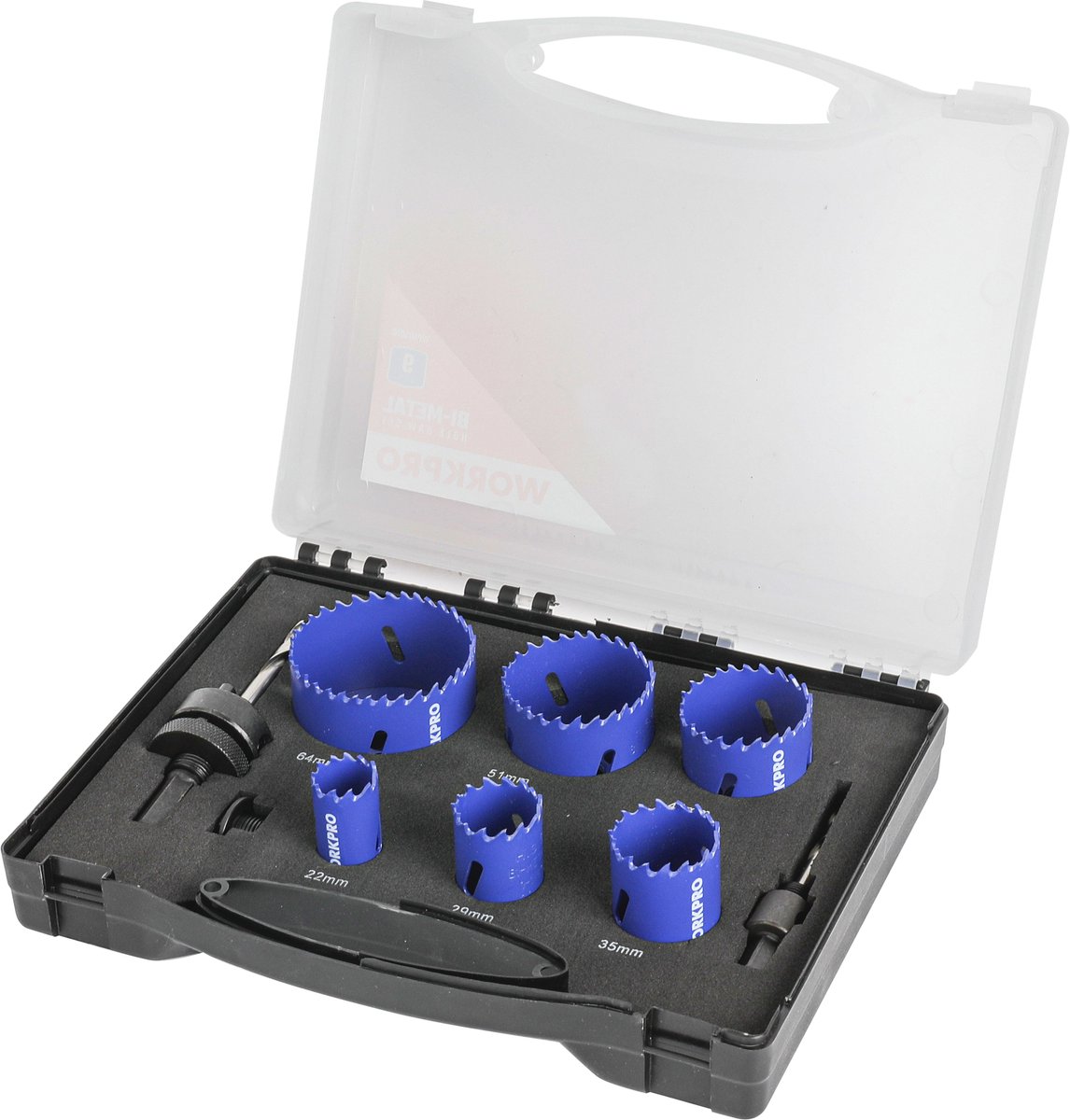 WORKPRO WP403070 Gatzagenset 9-delig – Ø22–64 mm – Bi-metaal M3 HSS – Inclusief Arbors & Opbergdoos