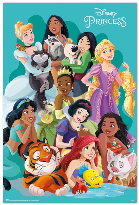 Affiche Princesses Disney - animaux de compagnie - Blanche Neige - Cendrillon - Ariel - Belle - 61 x 91,5 cm.