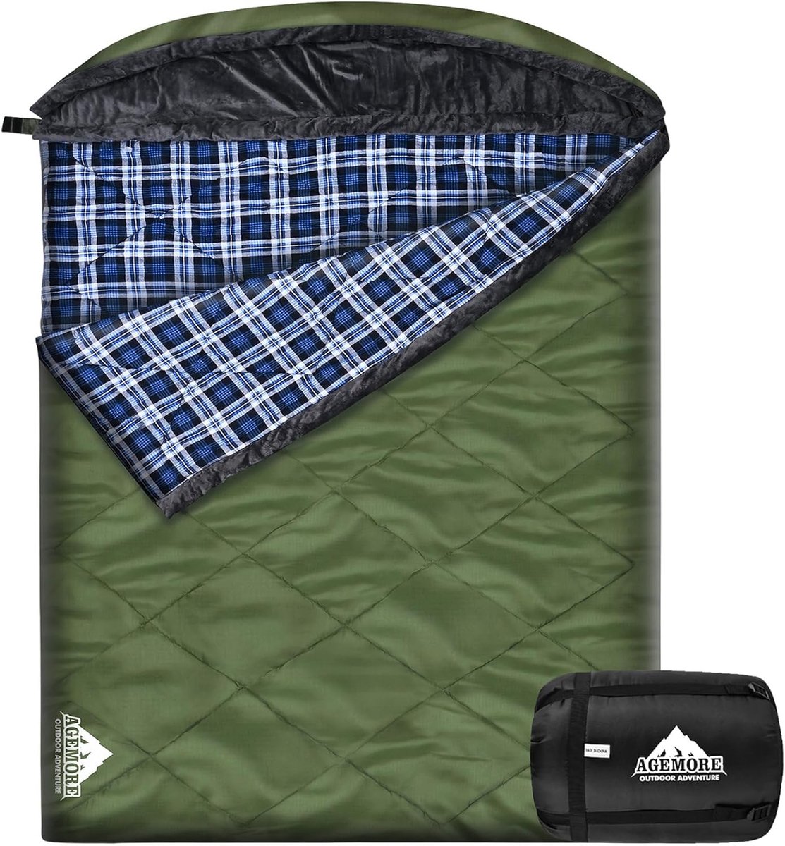 Katoenen flanellen slaapzak met fleece capuchon - Waterdichte XL slaapzak voor kamperen, backpacken en wandelen
