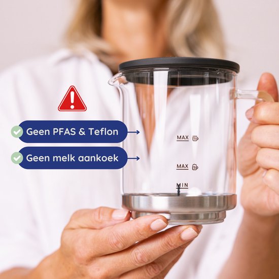 Vrouw houdt glazen melkopschuimer vast. Waarschuwingsicoon. Tekst "Geen PFAS & Teflon", "Geen melk aankook".