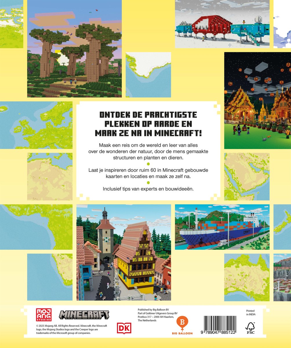 Diverse Minecraft creaties: steden, landschappen en gebouwen.