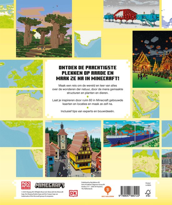 Diverse Minecraft creaties: steden, landschappen en gebouwen.