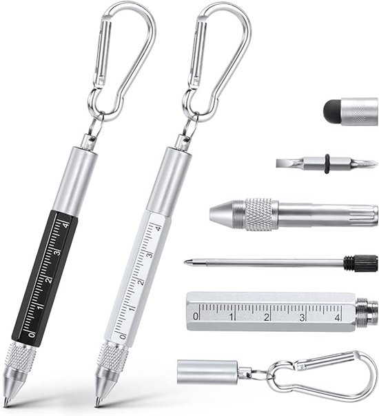 Stylo multi-outils, Gadgets Outils multifonctions 6 en 1 pour hommes, papa, grand-père, Gifts comprenant un stylo à bille, un stylet pour écran tactile, une règle, un mousqueton, un tournevis plat et Gifts (noir et