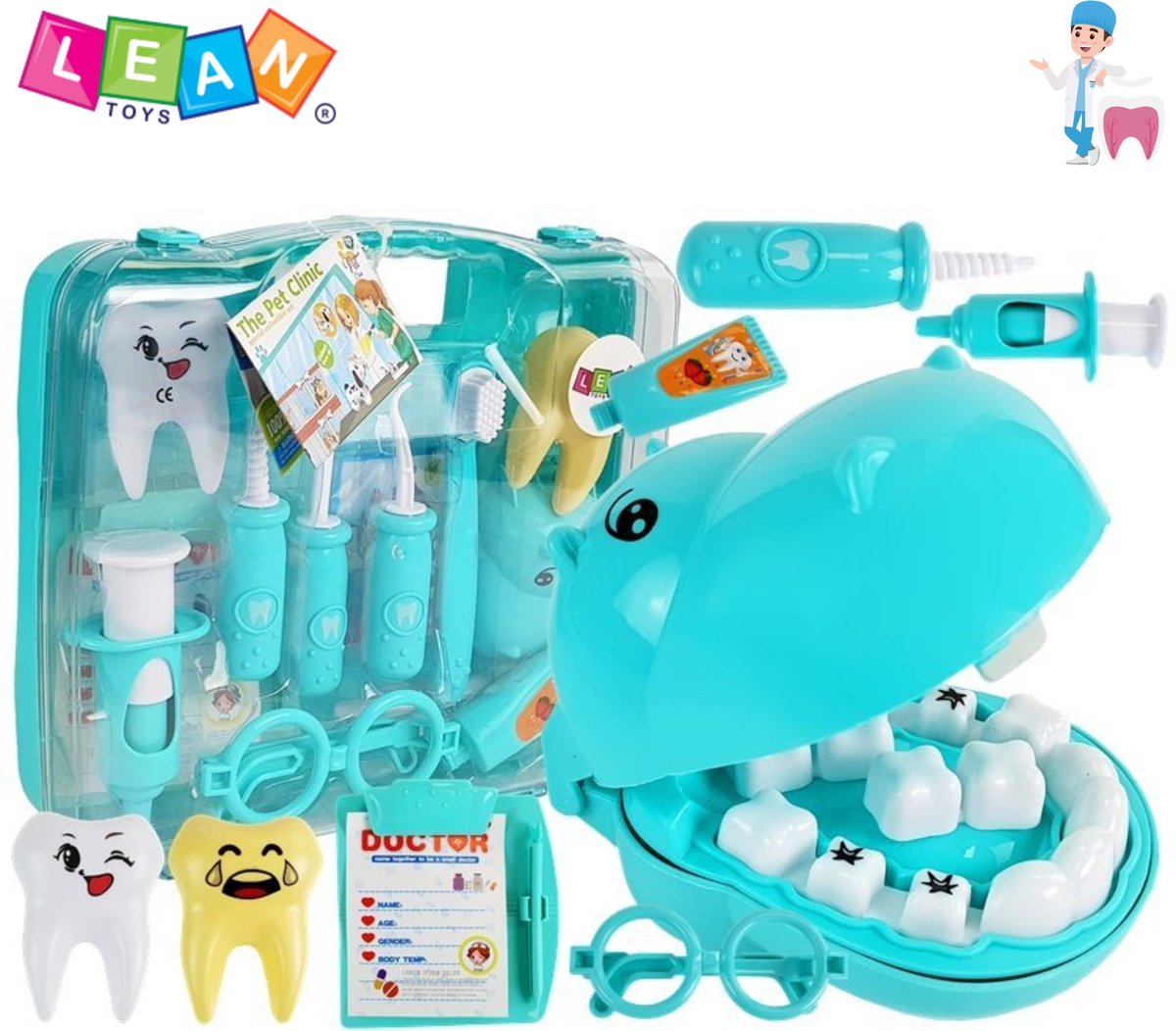 LEAN Toys Little Dentist – Hippopotamus Tandarts Speelset in Koffer met 7 Tandartsinstrumenten – Dokterset Speelgoed - Tandarts Speelgoed - Educatief Rollenspel voor Kinderen + Gratis E-Book