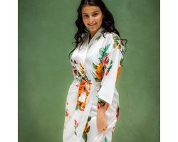 Kimono satijn dames - Santorini Wild roses Pure white - wit - lang model - superzacht satijn - one size
