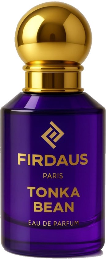 Paars glazen flesje met gouden dop. Flesje met 'FIRDAUS PARIS TONKA BEAN EAU DE PARFUM' in goudkleurige letters.