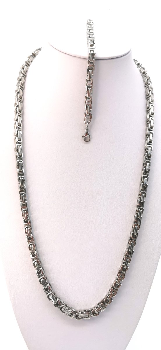 RVS SET - Ketting met armband - vierkant koningsschakel - L 70 cm - Armband 22 cm - Br 6.5mm - Stoer- Statement.