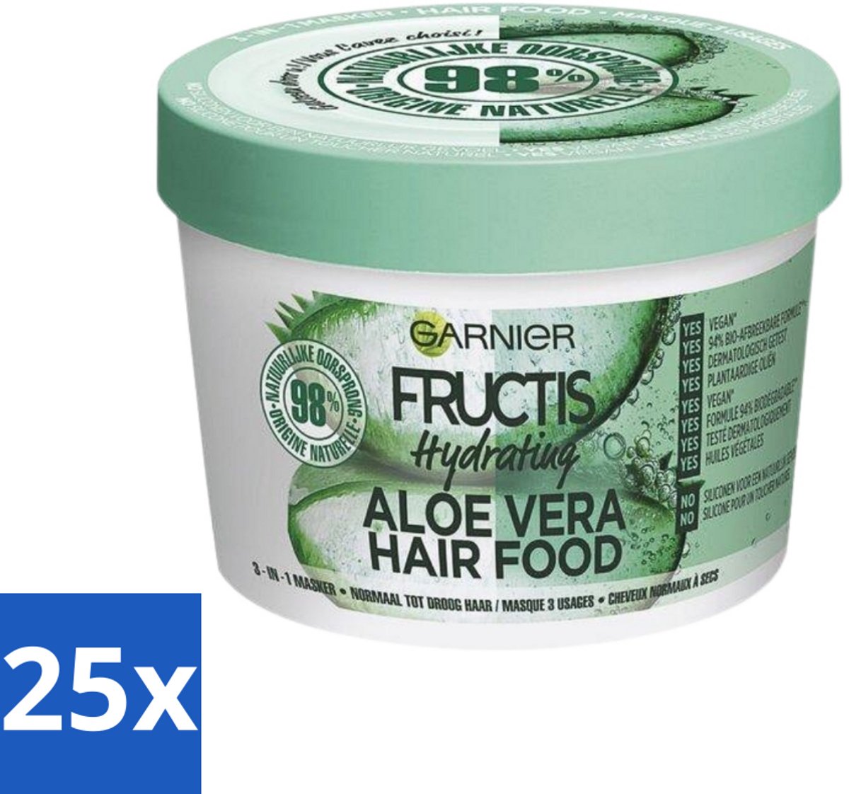 25 x Garnier - Fructis Hair Food Aloe Vera - 3-in-1 Haarmasker - Normaal tot Droog Haar - 400 ml - Haarmasker - Aloe Vera - Hydratatie - Droog Haar - 3-in-1
