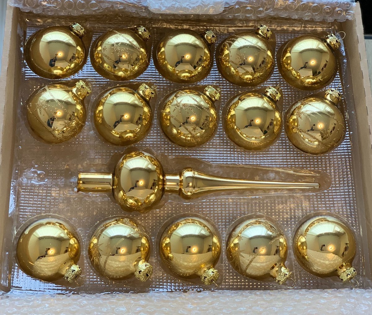 ZoeZo Design - Kerstbal 15 stuks - + piek - kerstballenset - Goud - Glas - ballen Ø 6 cm - Piek 24 cm