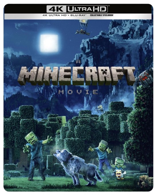 4K Ultra HD Blu-ray Steelbook van A Minecraft Movie met zombies, een wolf en Minecraft-personages in een bos bij maanlicht.