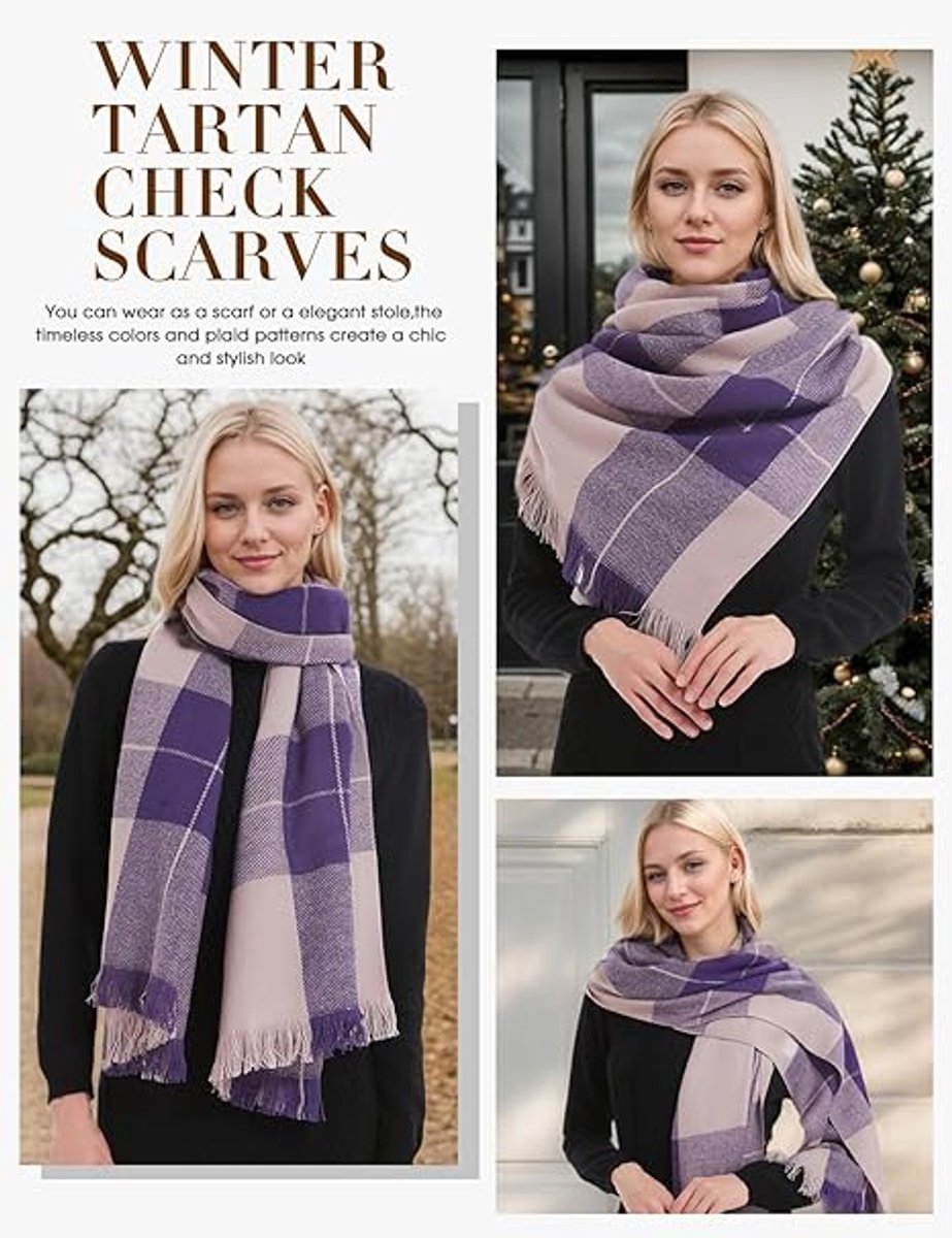 Dames geruit oversized kasjmier sjaal lange zachte wraps dames geruit oversized sjaal lange sjaal voor herfst en winter , blauw en paars
