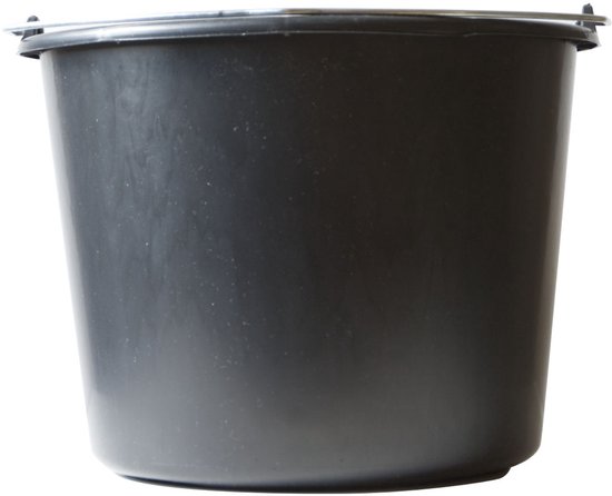 Zwarte emmer met metalen handvat, 12 liter inhoud.