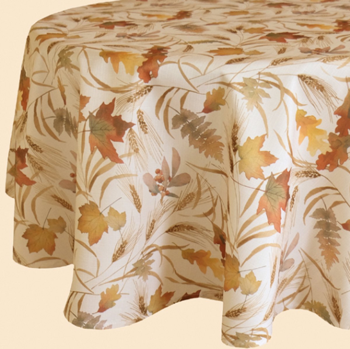 Tafelkleed - Herfstbladeren - Bedrukt - Creme en licht bruin - Rond 150 cm