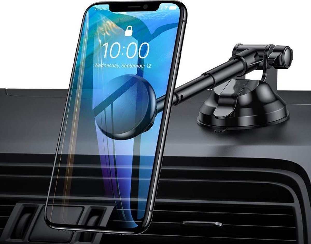 DrPhone V8 PRO Autohouder Metaal Telescopisch Verstelbaar & Uitschuifbaar Arm – Dashboard- Zuignap Windschermhouder – Zwart voor iPhone 13 / 12 / Samsung S21 / Note 20