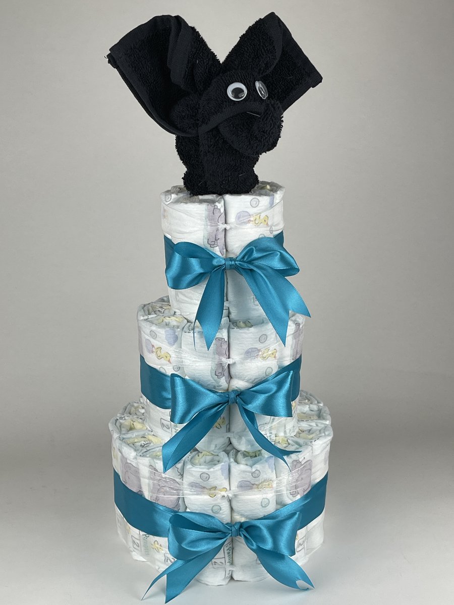 Chouette-Chouette | Luiertaart Neutraal | Kraamcadeau | Geboorte Jongen Meisje | Babyshower | Olifant Zwart - Petrol