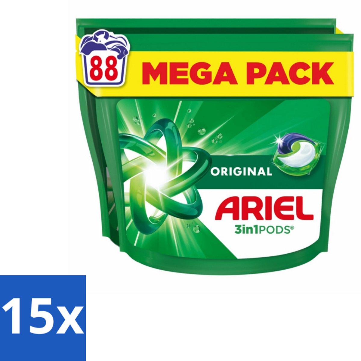 15 x Ariel - 3in1 Wasmiddel Pods - Original - 88 Pods - 3-in-1 Wasmiddel - Koud Water Was - Vlekverwijdering - Frisse Geur - Wasmiddel Pod