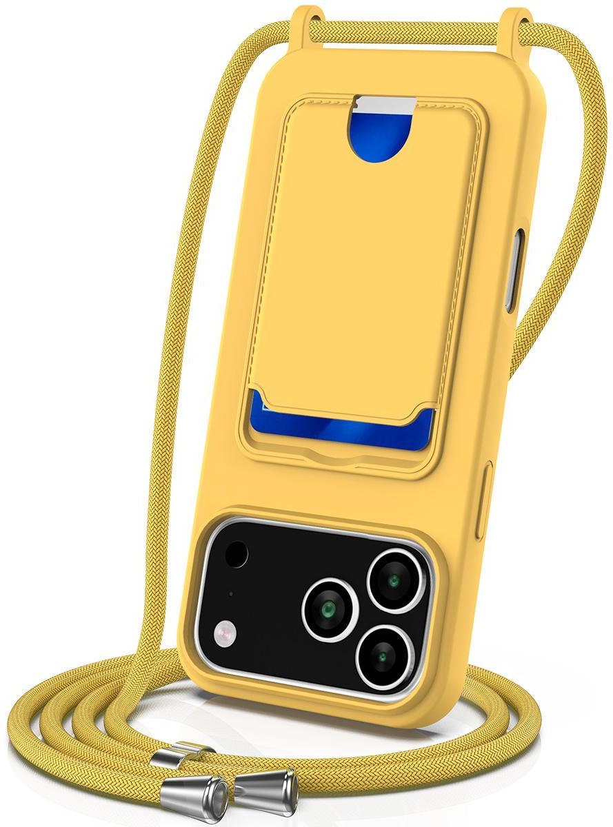 Mobigear Telefoonhoesje geschikt voor Apple iPhone 17 Pro Max Siliconen met Kaarthouder | Mobigear Lanyard Card Hoesje met koord en Pasjeshouder | Kaarthouder voor 1 Pasje | hoesje met koord Telefoonhoesje voor Pinpas / OV Kaart / Rijbewijs - Geel