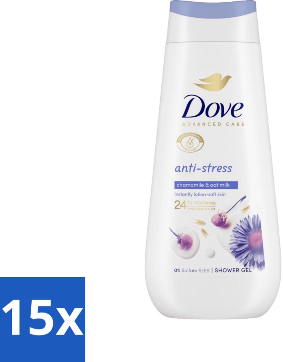 15 x Dove Douchecrème - Anti-Stress - Kamille & Havermelk - 225 ml - Douchecrème Anti-stress - Droge Huid Verzorging - Kamille En Havermelk - Micro Moisture - Sulfaatvrije Douchecrème