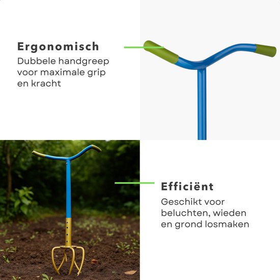 Cheqo® Tuinklauw Verstelbaar - 4-Tands Woelvork - Grond Beluchten - Onkruid Verwijderen - in Lengte Verstelbaar - Ergonomisch Handvat - Staal met Kunststof - Rug- en Knieontlastend - Tuinieren zonder Bukken - Woelvork met Handvatten — afbeelding 5