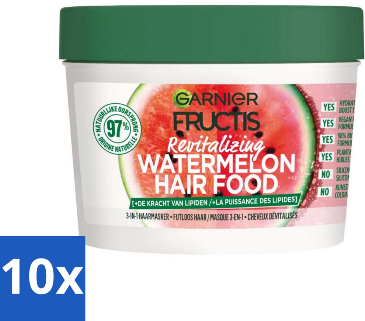 10 x Garnier - Fructis Hair Food Watermelon - 3-in-1 Haarmasker - Futloos Haar - 400 ml - Haarmasker - Futloos Haar - Hydratatie - Watermeloen - 3-in-1