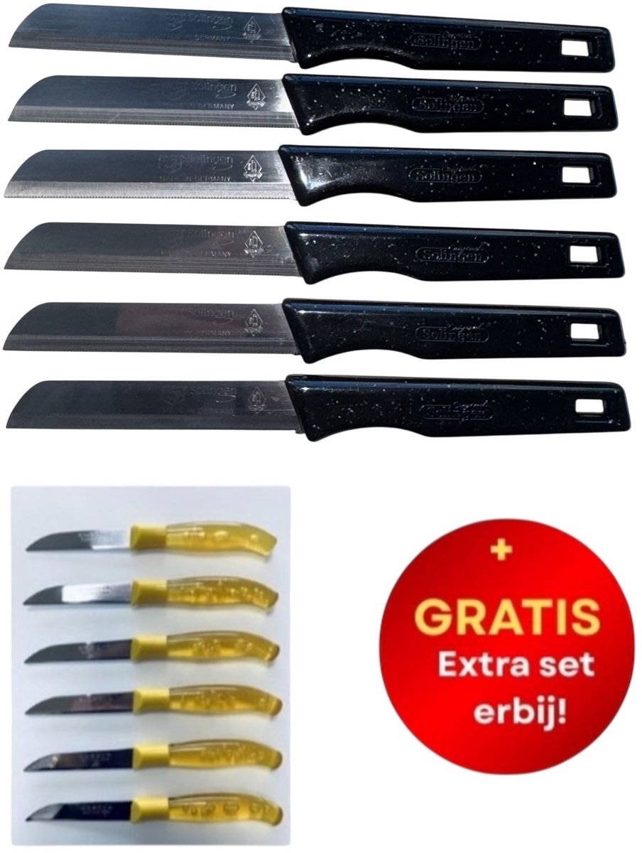 6 + 6 GRATIS! Solingen - Zwarte Messen - Vlijmscherp met Kartel + Gratis Kosova Messenset - Geel