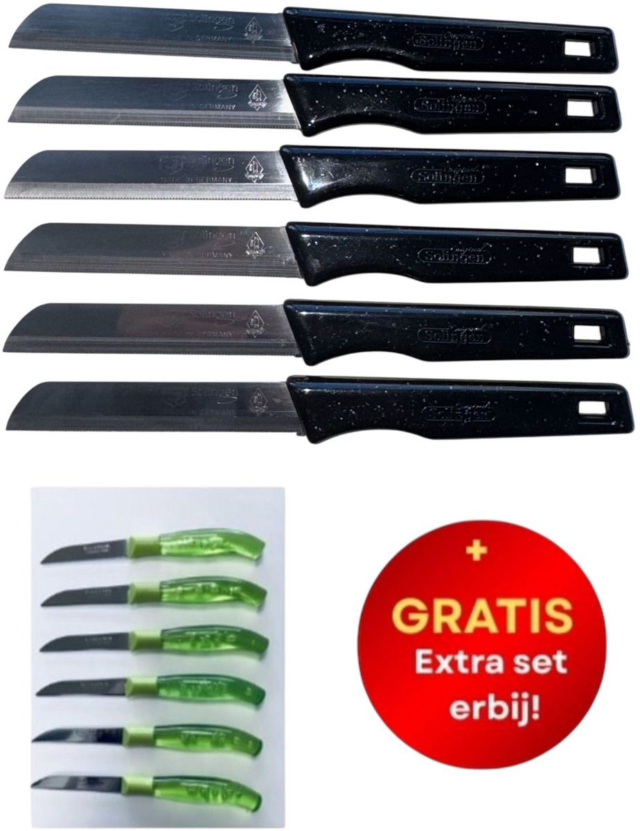 6 + 6 GRATIS! Solingen - Zwarte Messen - Vlijmscherp met Kartel + Gratis Kosova Messenset Groen