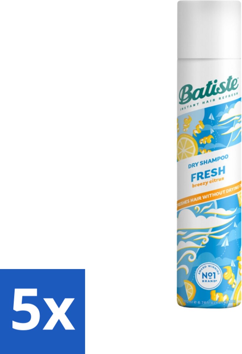 5 x Batiste - Fresh - Droogshampoo - Koele en Schone Geur - Verfrist en Geeft Grip - 200ml - Droogshampoo - Fris Haar - Koele Geur - Snel Verfrissen - Vet Haar