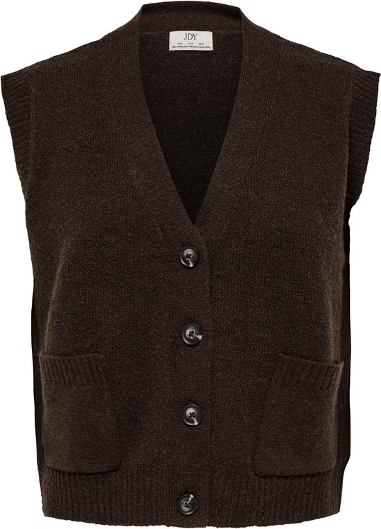 Een bruin gebreid vest met V-hals, knopen en twee zakken.
